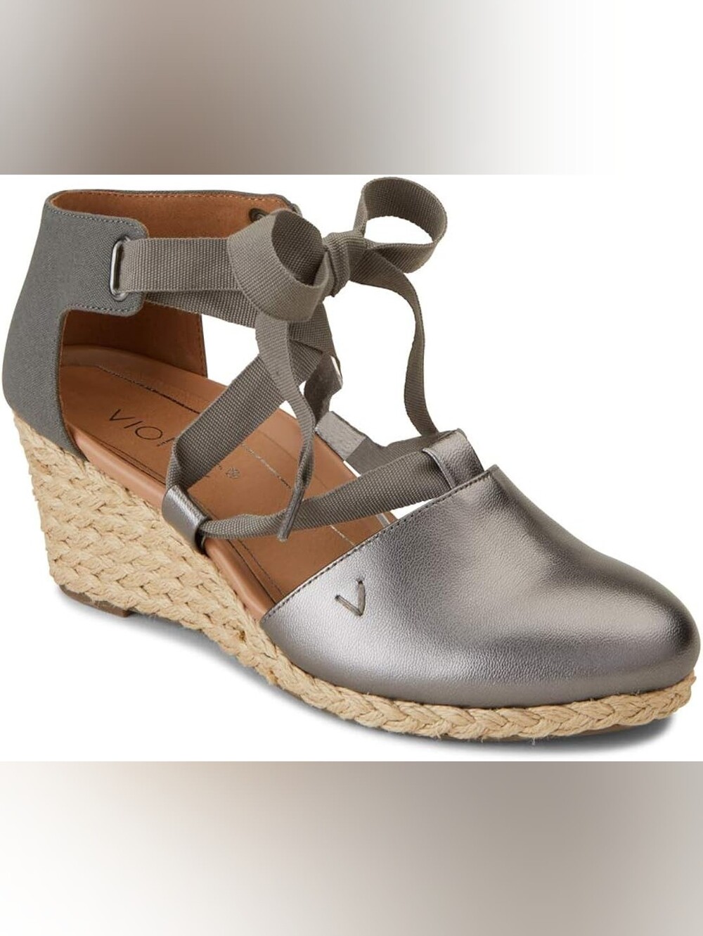 Vionic Women's Kaitlyn Metallic Pewter Wedge Lace Sandals Sz 8